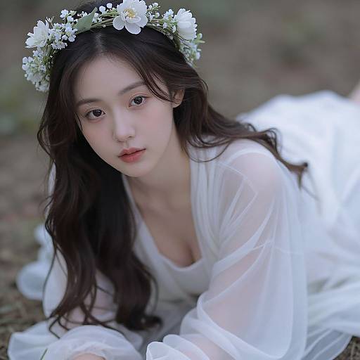 Photograph of an East Asian woman with long black hair, wearing a white floral crown and sheer white dress, lying on the ground with a soft,