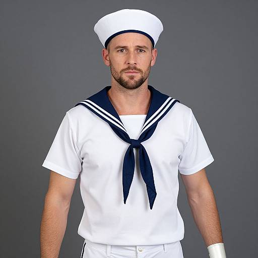 Photograph of a bearded man in a white sailor uniform with a navy blue sailor hat and neckerchief, standing against a gray background.