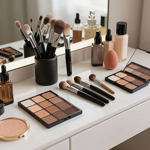 Photograph of a well-organized makeup station with brushes, eyeshadows, foundation, blush, and perfume bottles on a white lit vanity.