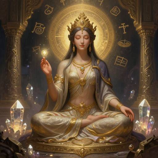 Digital artwork of an ethereal, golden-crowned, dark-haired goddess in a white and gold robe, meditating with a glowing crystal, surrounded by