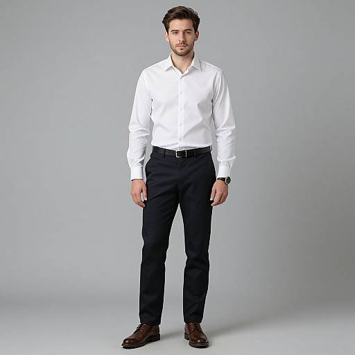 Photograph of a handsome, dark-haired man in a white dress shirt, black trousers, brown leather shoes, standing against a plain gray background.