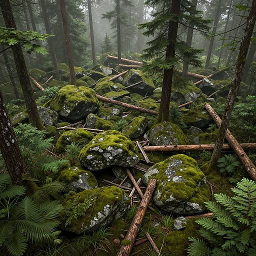 Photograph of a dense, misty forest with moss-covered rocks, scattered fallen logs, and tall evergreen trees, creating a lush, green,