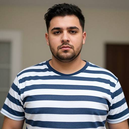 Photograph of a young, bearded man with short black hair, wearing a blue and white striped shirt, standing in a blurred indoor background.