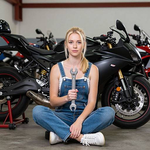 Blonde woman in blue denim overalls and white sneakers sits cross-legged, holding a wrench, surrounded by motorcycles in a garage.