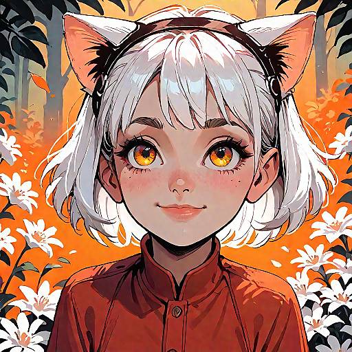 Anime Girl with Cat Ears in Forest