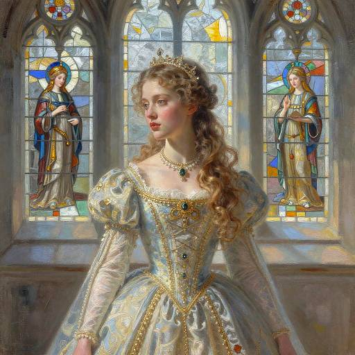 Digital painting of a fair-skinned, curly-haired princess in an ornate, gold-embellished gown, standing before colorful stained glass windows depicting