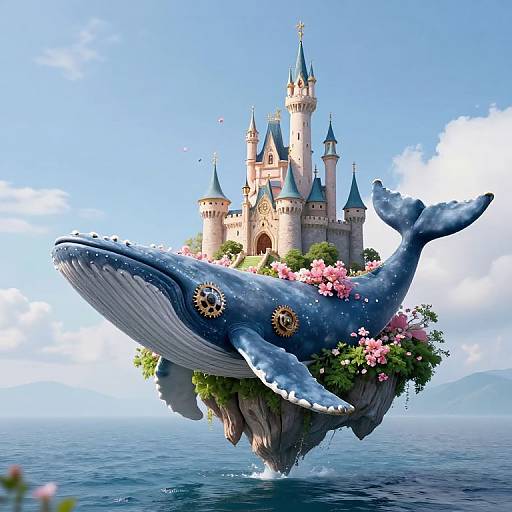 Fantasy illustration: A blue whale carrying a pink-flowered castle with towers, set against a bright blue sky and ocean.