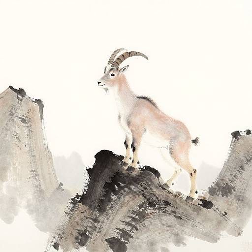 Watercolor-style drawing of a white goat with curved horns standing on rocky, abstract terrain. Minimalistic, with white background and black-gray textures.