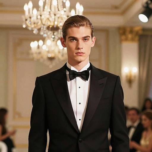 Photograph of a handsome young man with slicked-back brown hair, wearing a black tuxedo and bow tie, standing in an elegant room with