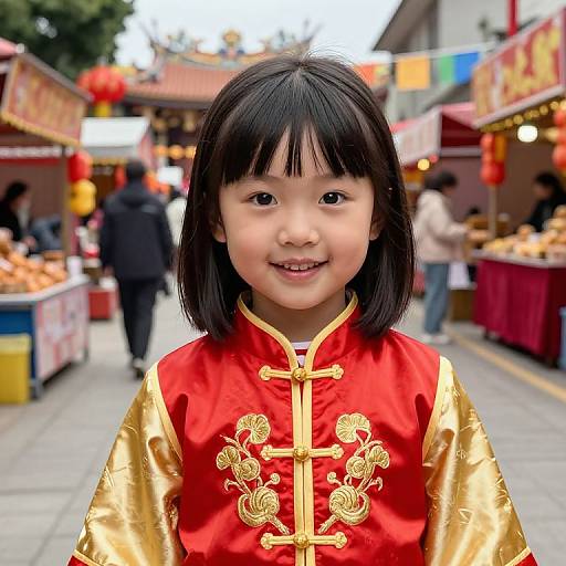 Cheerful Girl in Red Gold Chinese Dress