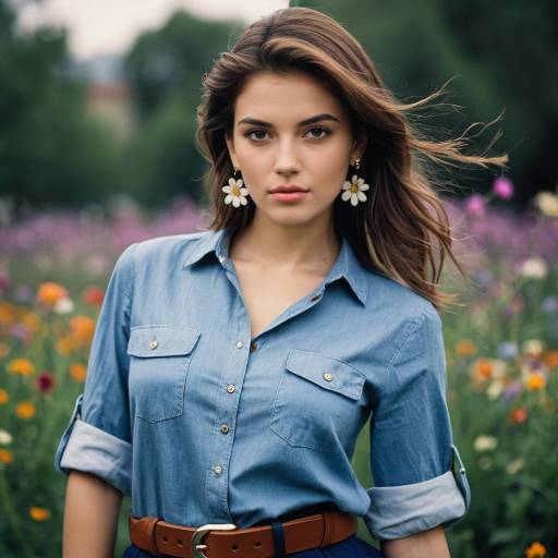 Young Woman in Denim Shirt Outdoors