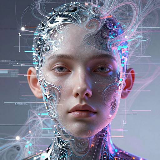 Digital artwork of a young person with a futuristic, cybernetic face, featuring intricate, glowing patterns and neon lights blending with human skin.