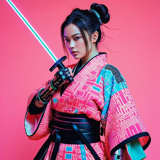 Cyberpunk Female Samurai in Neon Kimono