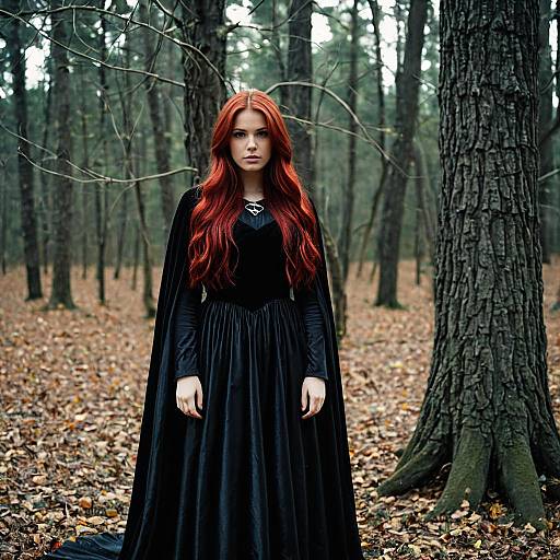 Woman in Black Dress and Cape in Forest