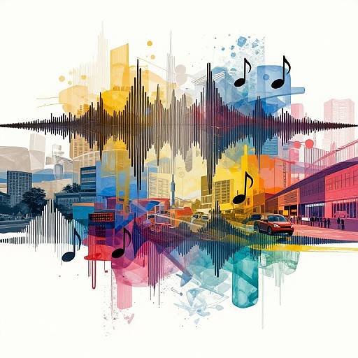 Abstract cityscape with vibrant splashes of yellow, blue, red, and purple, black musical notes, and bold black lines, capturing a bustling urban