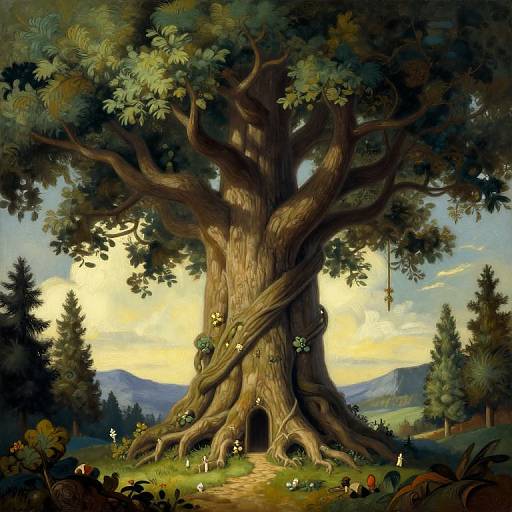 Whimsical painting of a giant, twisting tree with a hollow entrance, surrounded by tiny fairies, children, and animals in a lush, mountain