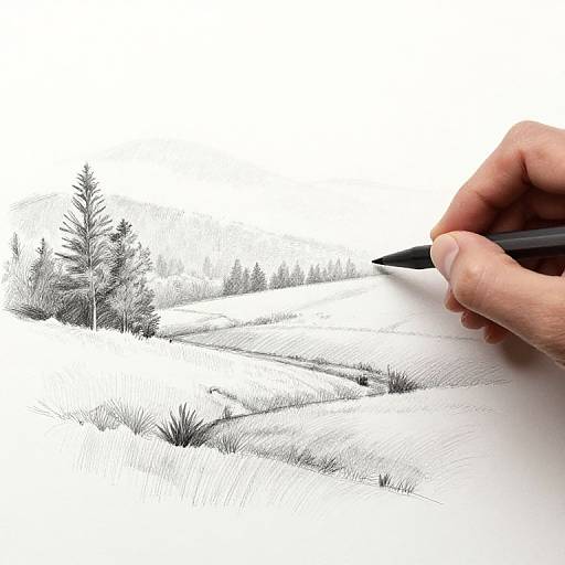 Hand drawing a black-and-white winter landscape with snow-covered hills and pine trees using a pen on white paper.