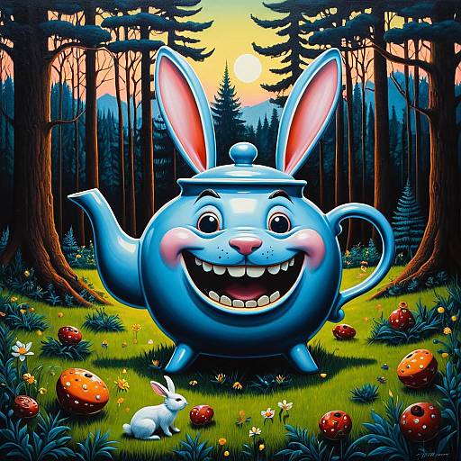 Surreal Grinning Teapot with Rabbit Ears in Forest