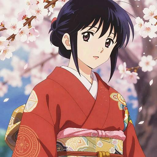 Anime Girl in Traditional Kimono with Cherry Blossoms