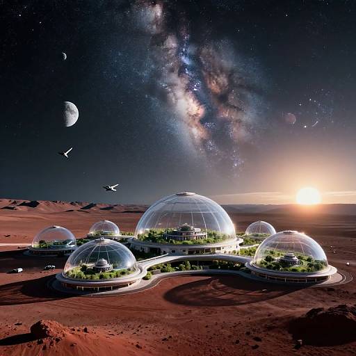 Photorealistic digital art of a futuristic desert settlement with multiple transparent domed greenhouses under a starry, Milky Way-filled night sky. Planets
