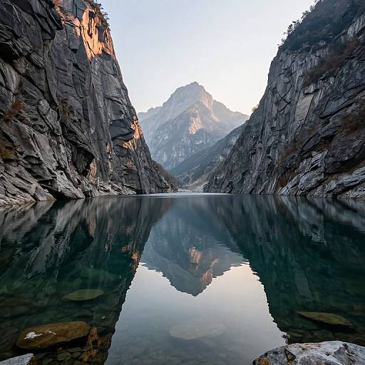 Photograph of a narrow, rocky canyon with a still, reflective lake, surrounded by towering cliffs, and a distant mountain peak.