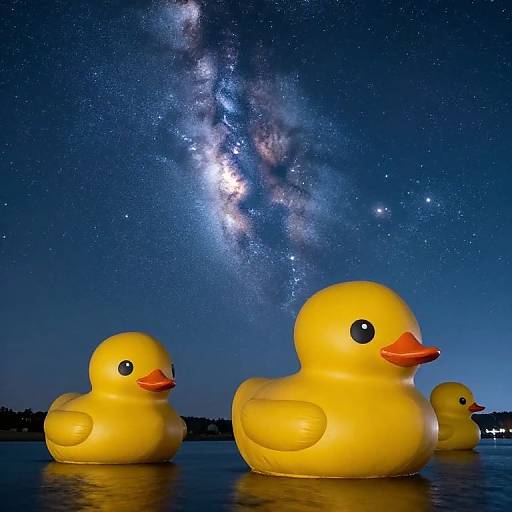 Photograph of three yellow rubber ducks floating in calm water at night, with the Milky Way galaxy and starry sky overhead.