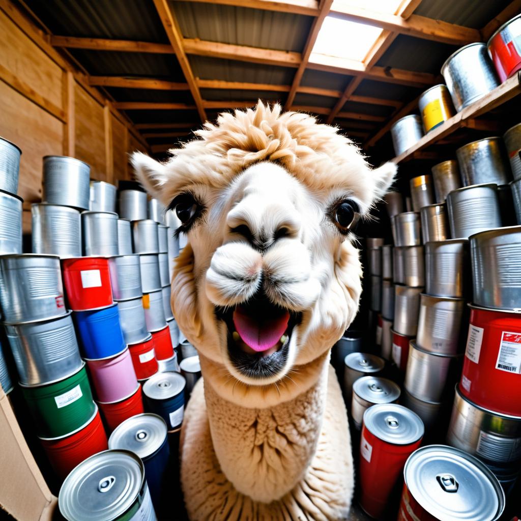 Humorous Alpaca in a Cluttered Garage