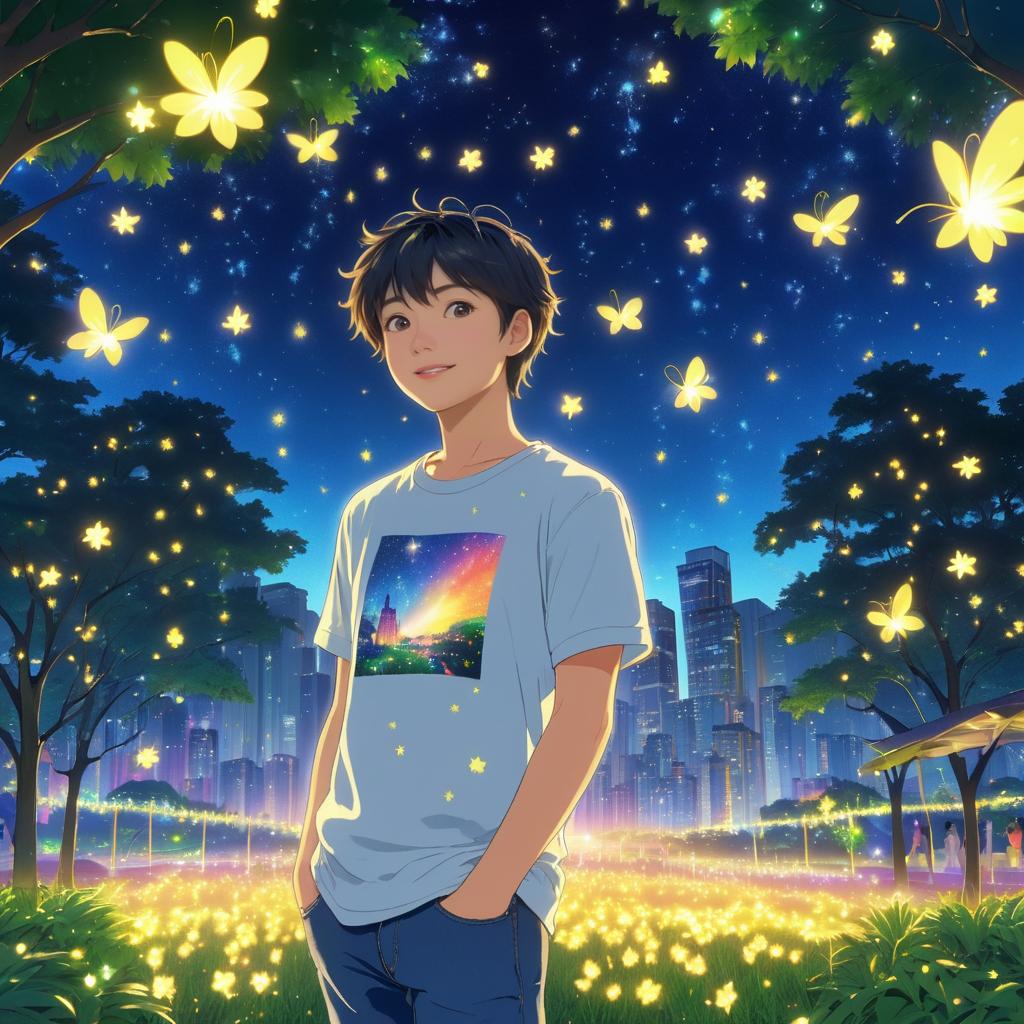 Cheerful Boy Surrounded by Fireflies