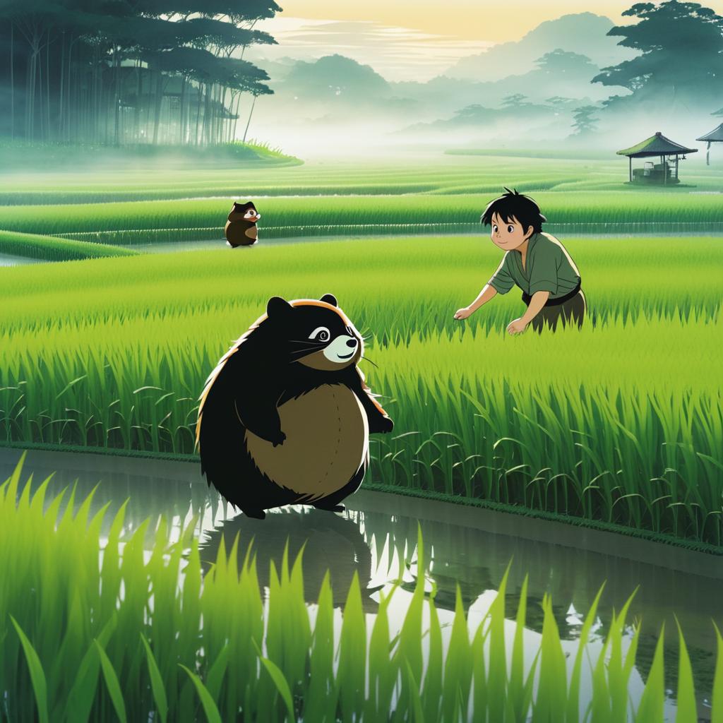 Mischievous Tanuki in Foggy Paddy