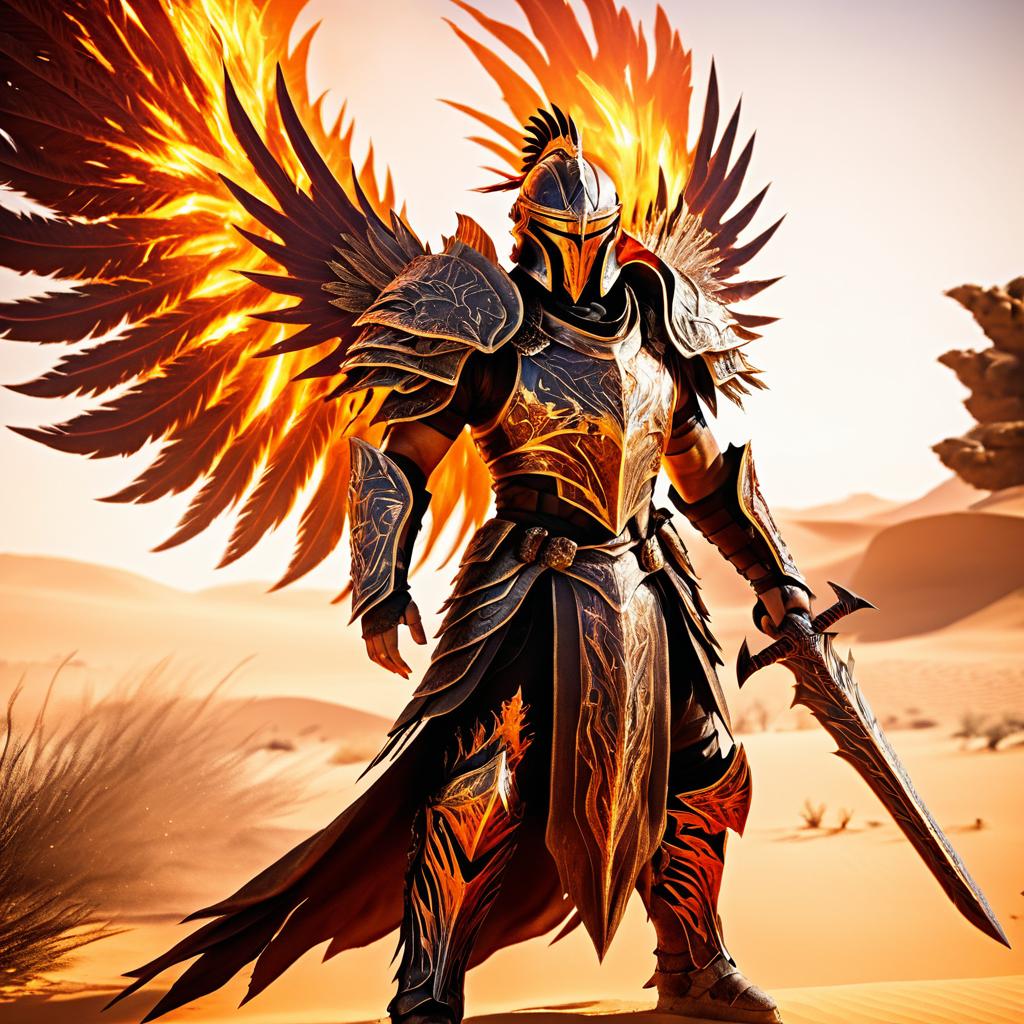 Epic Phoenix and Warrior in Desert Flames