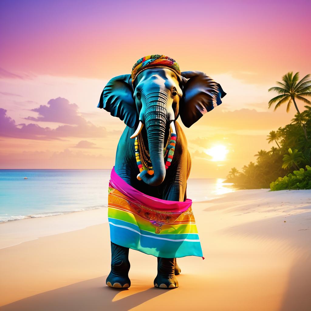 Elephant in Sarong at Tropical Sunset