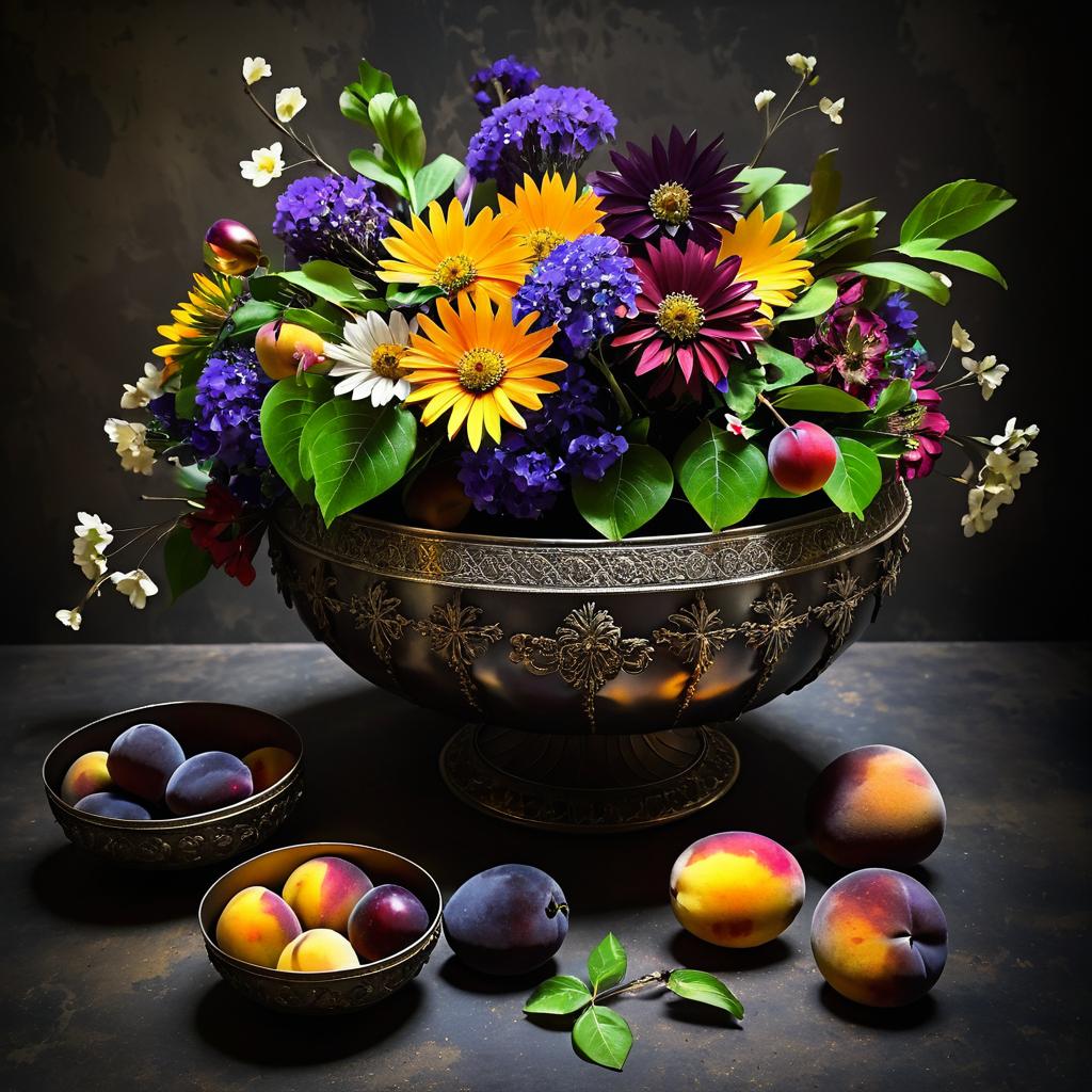 Floral Bowl and Plums in Darkness