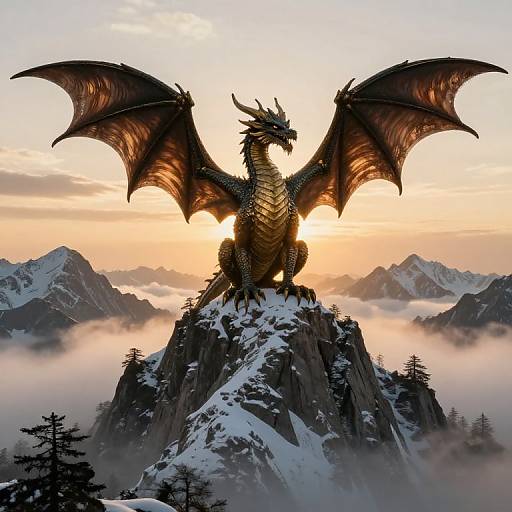 Digital artwork of a majestic, dark-winged dragon perched on a snow-capped mountain peak, with a sunrise and misty valley background.