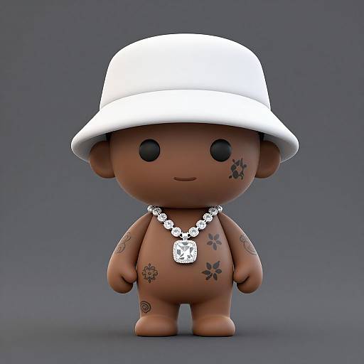 3D-rendered, brown-skinned, tattooed, baby doll with white bucket hat, black round eyes, silver necklace with large pendant, standing
