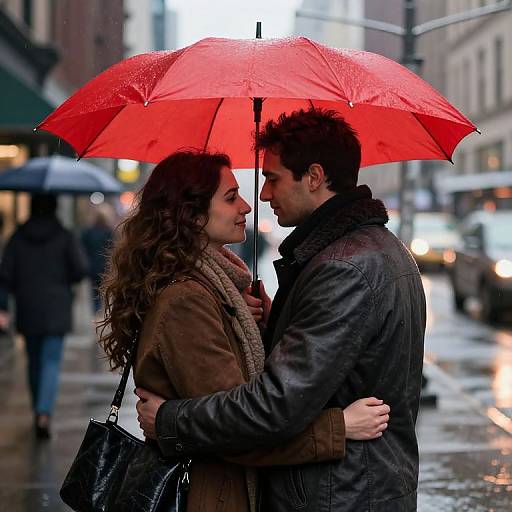 Lovers Embrace Under Red Umbrellas