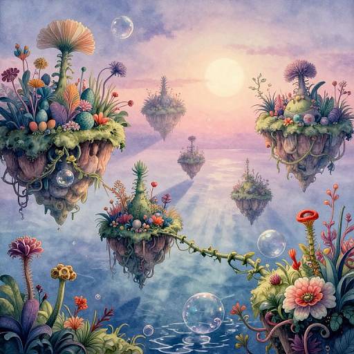 Fantastical digital painting of floating flower islands with vibrant blooms, surrounded by bubbles, under a radiant pink and purple sunset sky.