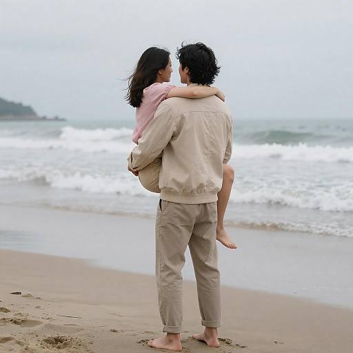 Romantic Beach Embrace Under Overcast Skies