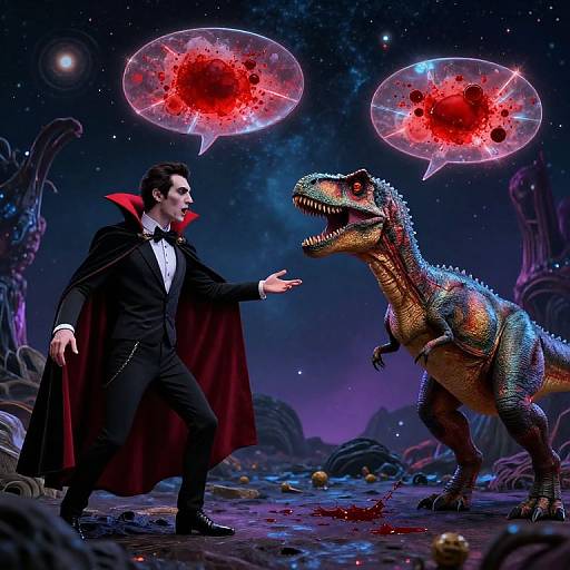 Photograph-style digital art: Vampire in black suit with red cape, pointing at glowing red speech bubbles above a colorful, spiked dinosaur in a starry