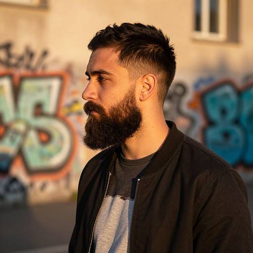 Photograph of a bearded man with dark hair, black jacket, and graphic shirt, standing in front of colorful graffiti wall.