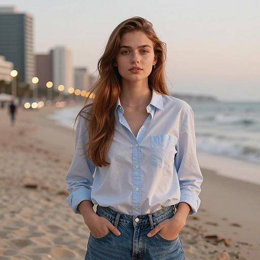 Confident Woman at Golden Hour Beach