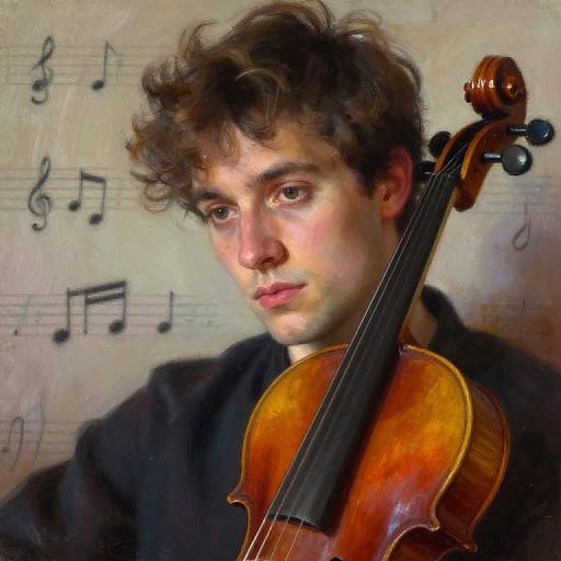Photorealistic painting of a young, curly-haired man with fair skin, holding a violin against a musical notation background. He wears a dark jacket,