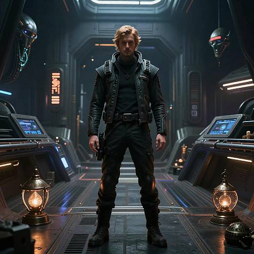 Photograph-style CGI of a stern, blonde man in a black leather jacket and pants, standing in a futuristic, dimly-lit spaceship corridor with