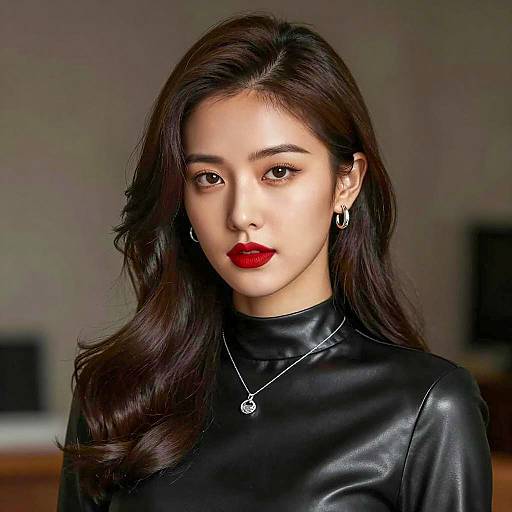 Elegant Woman with Dark Brown Hair and Black Leather Top