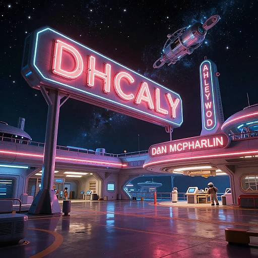 Neon-lit space station exterior with glowing 