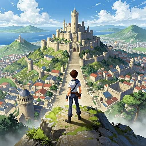 Anime-style digital artwork of a young man with spiky brown hair, blue jeans, and white shirt, standing on a rocky hill, gazing up