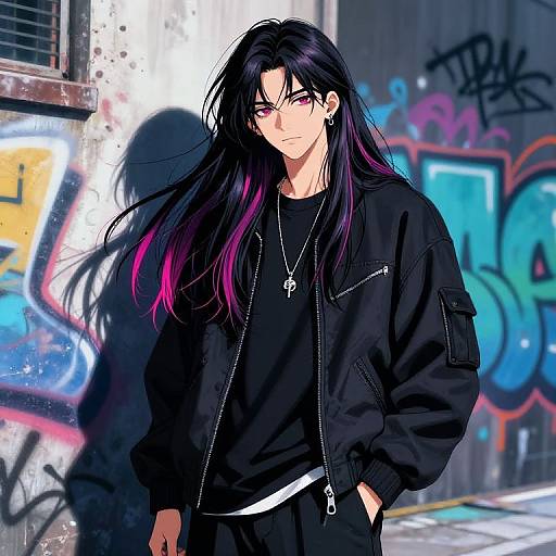 Digital anime-style drawing of a brooding man with long black hair with purple tips, wearing a black jacket and shirt, standing against a graffiti-covered urban