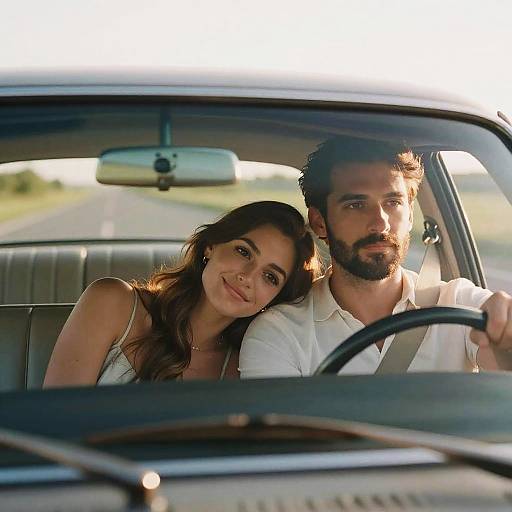 Photograph of a smiling brown-haired woman leaning on a bearded man driving a car on a sunny highway. He wears a white shirt; she wears