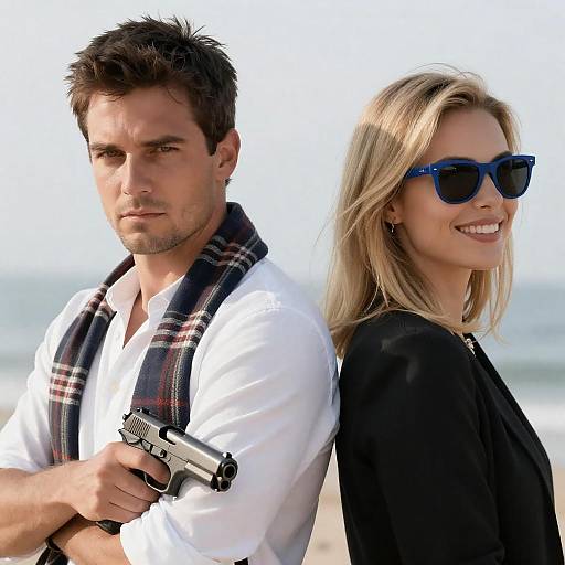 Serious man with gun and smiling woman outdoors