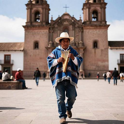 Andean Musician in Indigo Poncho, Sunlit Plaza