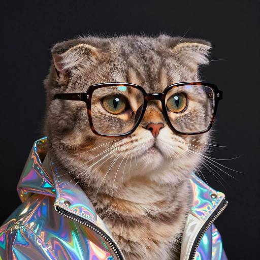 Photograph of a tabby cat with large black-framed glasses, wearing a shiny, iridescent jacket, against a black background.